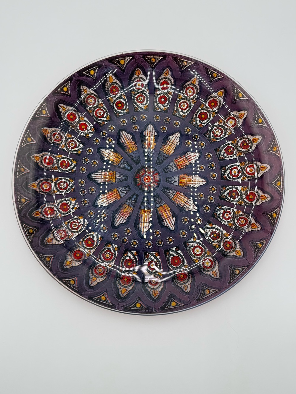 13” Round Glass Serving Platter Purple Mandala Boho Decorative Plate